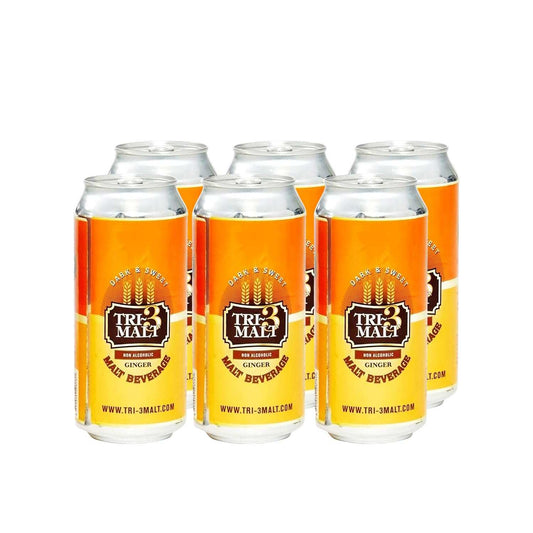 Six cans of BENTIX TRI-3 Malt Drink Ginger in a 6-pack, featuring bright packaging with ginger flavor branding.