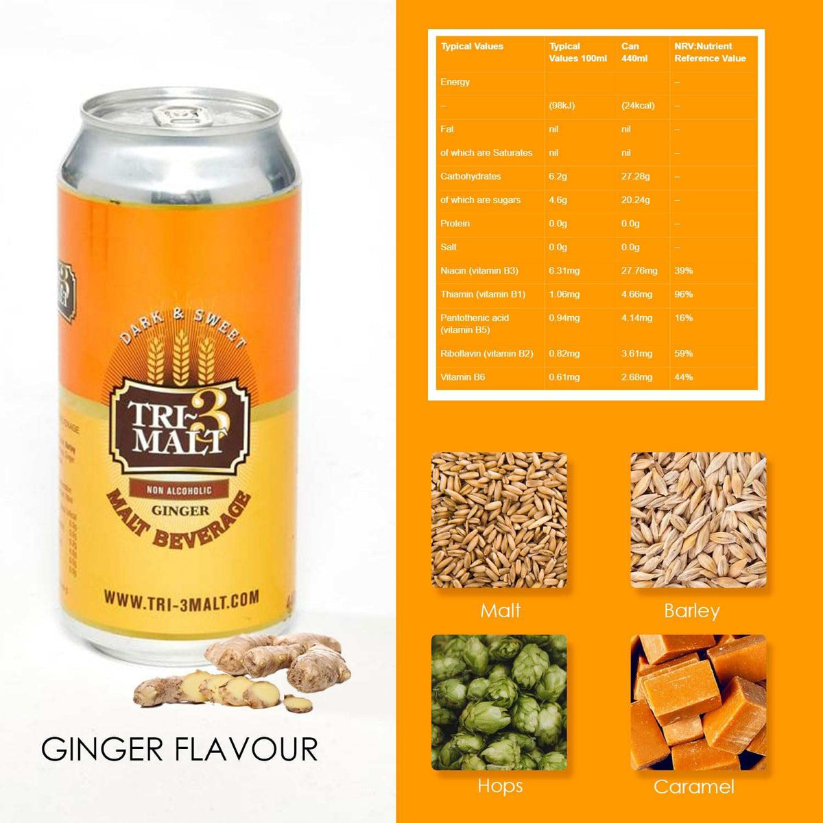Six cans of Bentix TRI-3 Malt Drink Ginger in a pack of 12, showcasing the beverage's golden color and packaging.