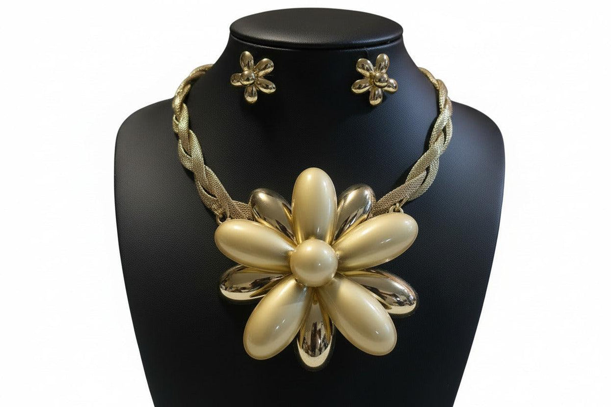 Gold flower-shaped brooch, necklace, bangle, and earrings set by BENTIX featuring elegant floral jewelry designs.