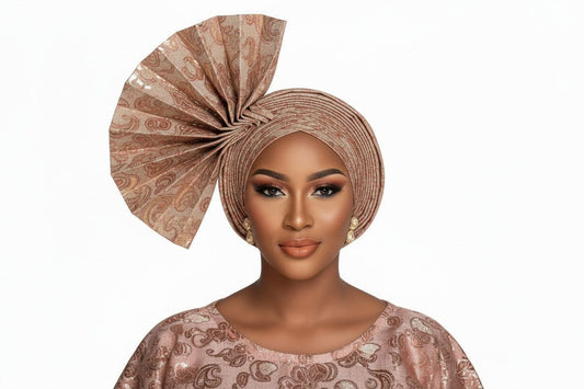 Nigerian auto-Gele headwrap in elegant damask fabric by BENTIX, showcasing intricate traditional design and rich textile pattern.