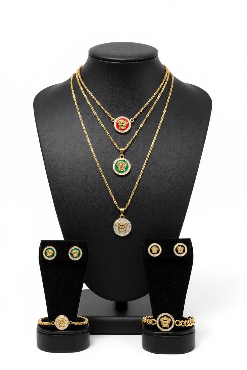 Bentix Brazilian gold jewelry set with earrings, necklace, and bracelets in three colors, showcasing intricate designs and craftsmanship.