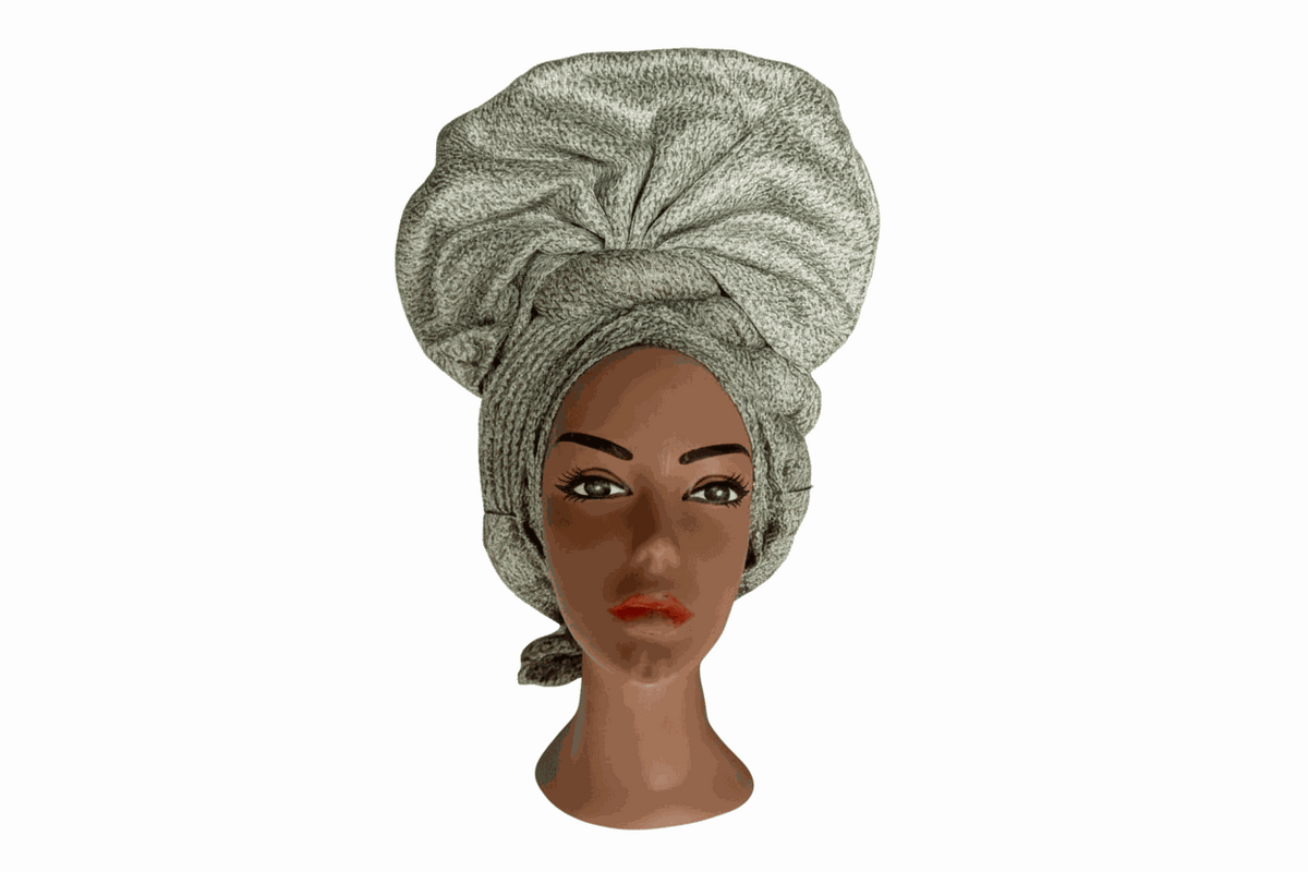 Nigerian auto-Gele headtie with silver glitter, stylish traditional Nigerian hair accessory by BENTIX, showcasing intricate wrapping and shimmer