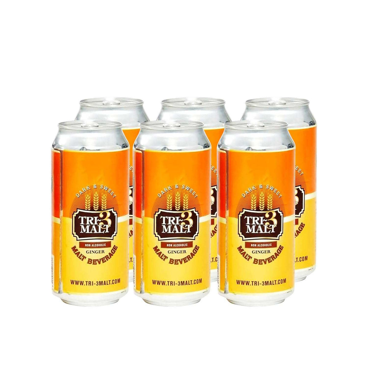 Six cans of BENTIX TRI-3 Malt Drink Ginger in a 6-pack, featuring bright packaging with ginger flavor branding.