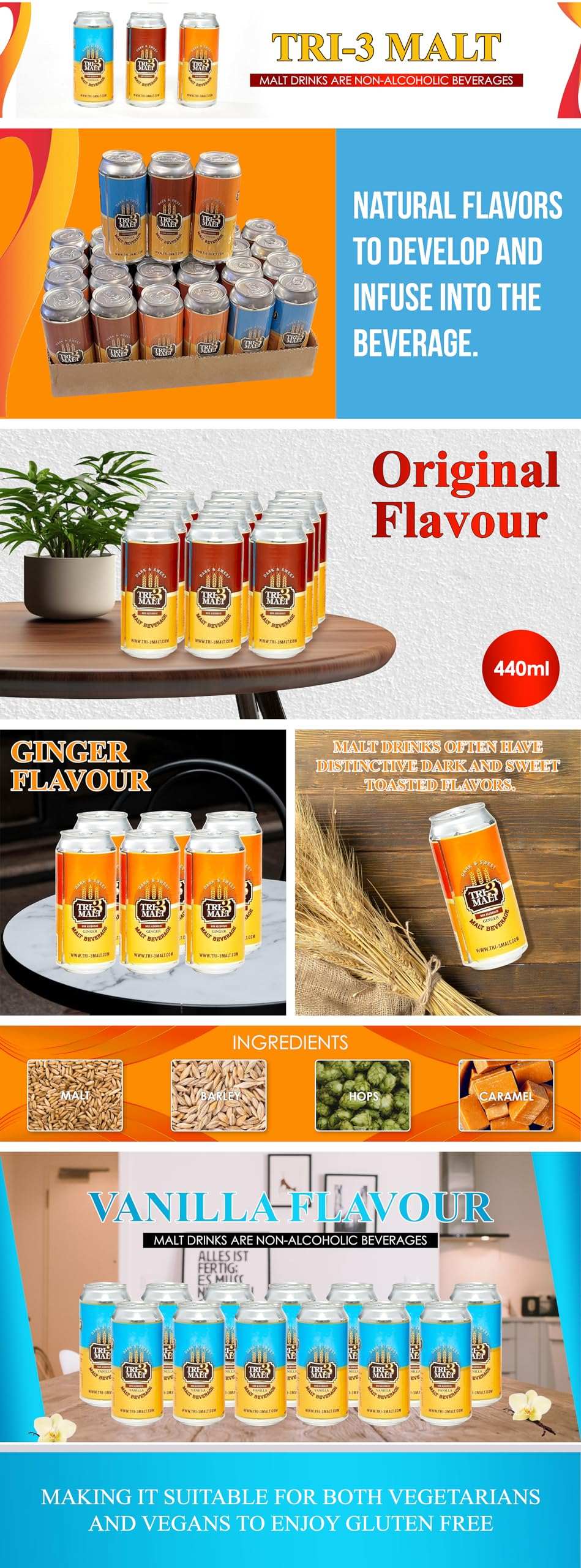 Six cans of BENTIX TRI-3 Malt Drink Original and Ginger, 6-pack, showing colorful cans with malt beverage branding.