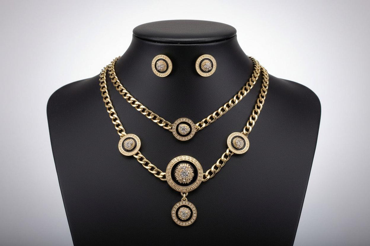 Bentix Brazilian Gold jewelry set featuring a necklace, bracelet, ring, and earrings with polished gold finish.