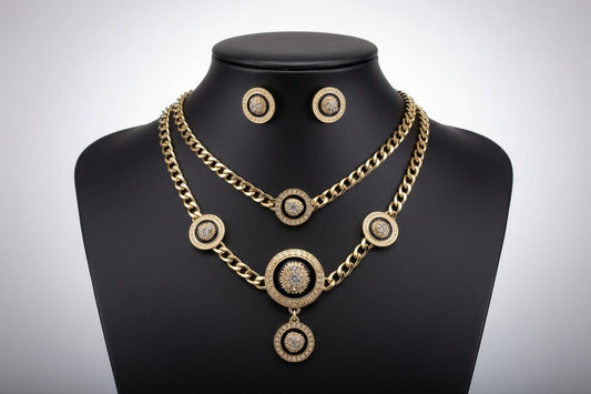 Bentix Brazilian Gold jewelry set featuring a necklace, bracelet, ring, and earrings with polished gold finish.