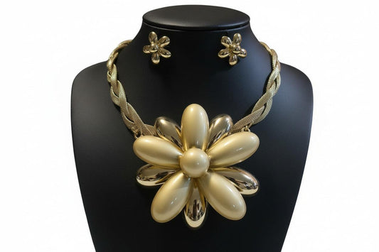 Gold flower-shaped brooch, necklace, bangle, and earrings set by BENTIX featuring elegant floral jewelry designs.