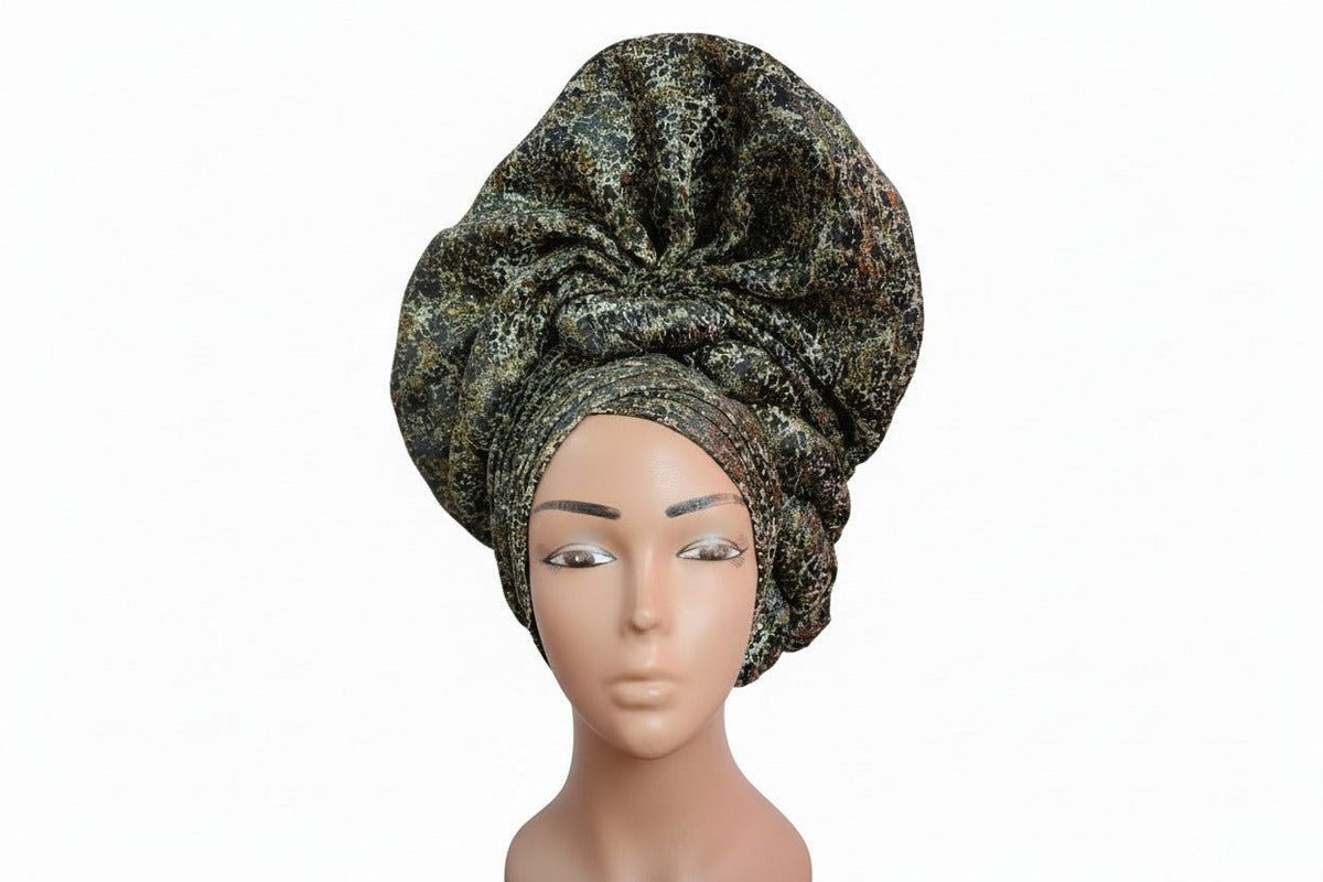 Nigerian auto-Gele headwrap with silver glittery headtie by BENTIX, styled for traditional or special occasions.