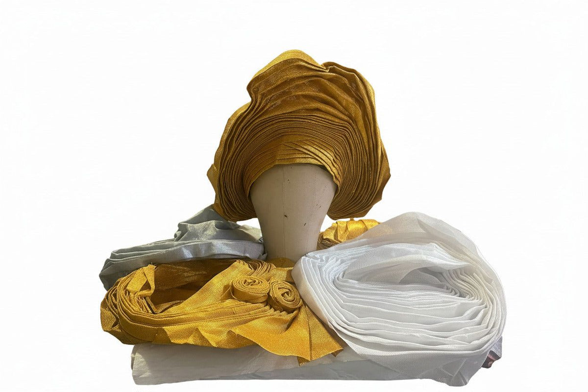 Nigerian Auto-Fan Aso-Oke headtie by BENTIX featuring vibrant traditional woven fabric and intricate design.