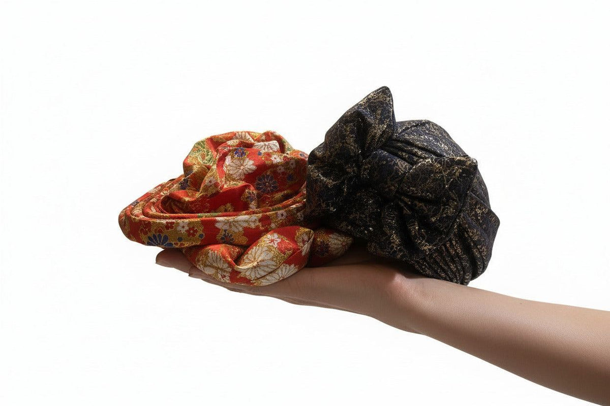 Nigerian auto-Gele headwrap with front bow pattern by BENTIX, showcasing vibrant fabric and intricate design.