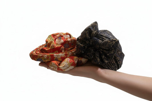 Nigerian auto-Gele headwrap with front bow pattern by BENTIX, showcasing vibrant fabric and intricate design.