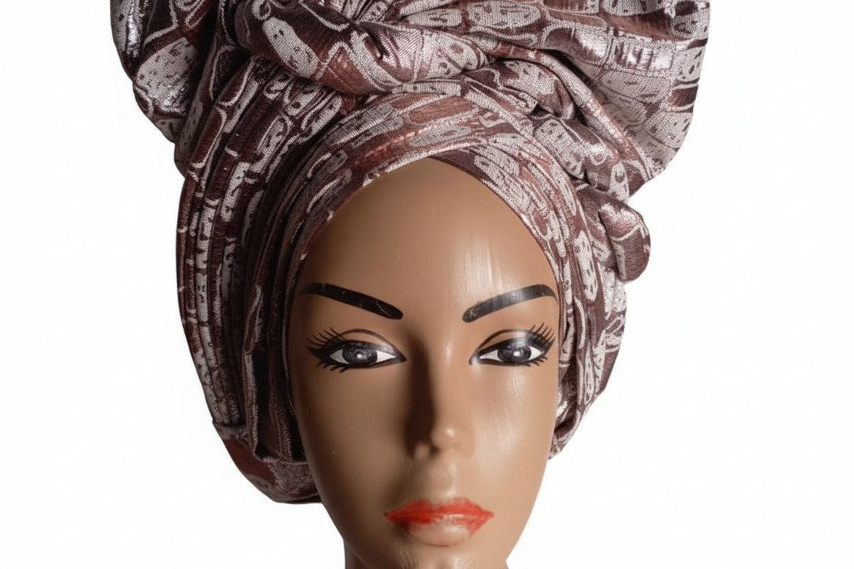 Nigerian auto-Gele headtie by BENTIX in brown and cream pattern with silver glitter accents, styled in a traditional headwrap.