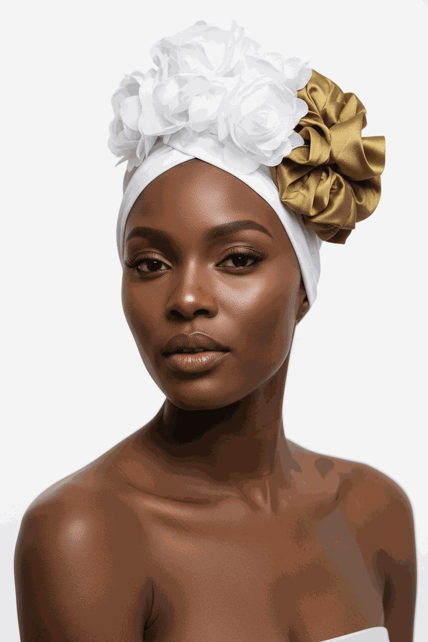White floral Nigerian turban headtie by Bentix with a gold scrunchie accent, stylish and elegant headwear for special occasions.