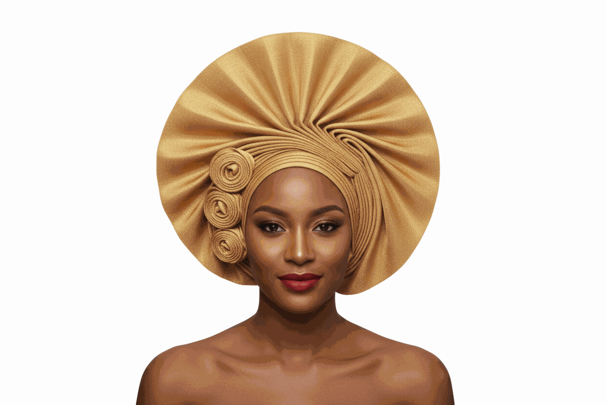 Nigerian auto gele headtie with double fan design by Bentix, showcasing vibrant traditional fabric style and intricate folding.