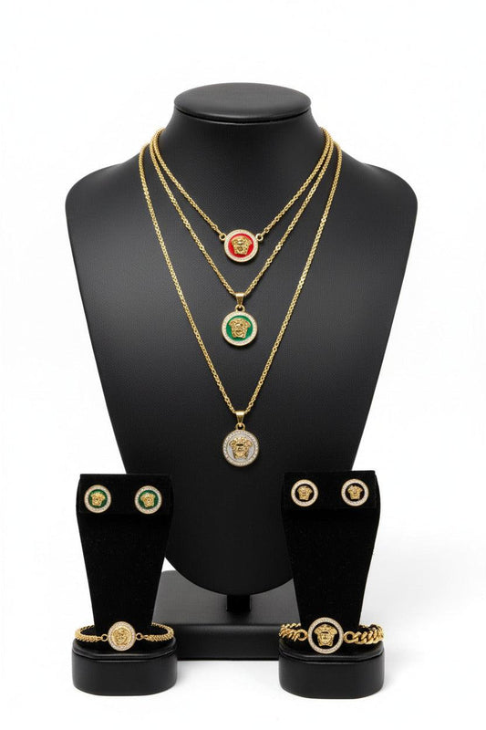 Bentix Brazilian gold jewelry set with earrings, necklace, and bracelets in three colors, showcasing intricate designs and craftsmanship.