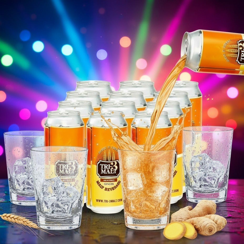 12-pack of Bentix TRI-3 Malt Drink Ginger cans, showing the colorful beverage cans with ginger flavor branding.