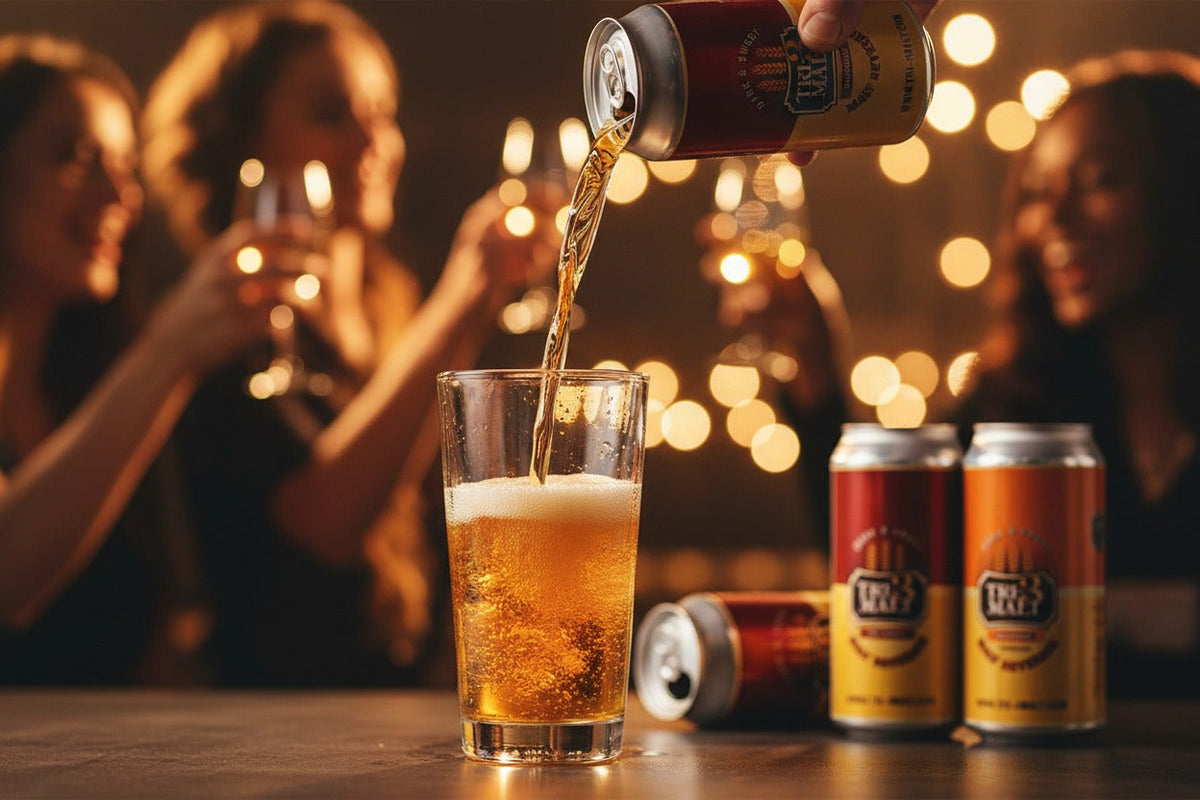 Six-pack of BENTIX TRI-3 Malt Drink with original and ginger flavors in cans, featuring colorful packaging and beverage labels.
