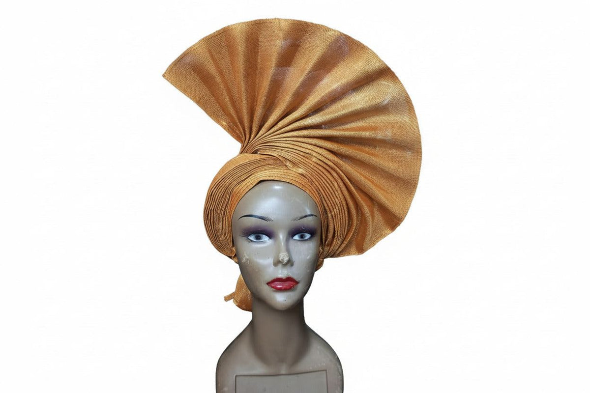 Nigerian Auto-Fan Aso-Oke headtie by BENTIX featuring vibrant traditional woven fabric and intricate design.